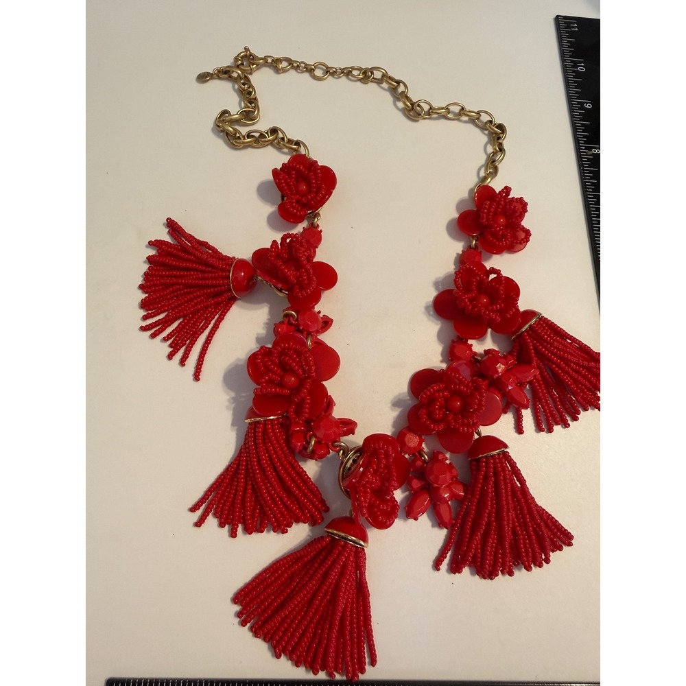 J.Crew Red Floral Seed Bead Tassel Statement Necklace Gold Tone Chunky Chain